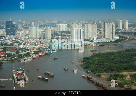 Aerial view of Saigon River with the city center, Ho Chi Minh City, Vietnam Stock Photo