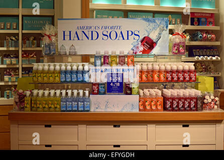 Scented soaps for sale at a Bath & Body Works store in the Roosevelt Field Mall in Garden City, Long Island, New York. Stock Photo