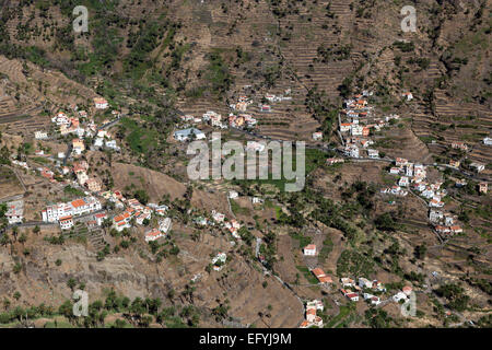 View from Mirador Cesar Manrique onto terraced fields and houses of Lomo del Balo and La Vizcaina, Valle Gran Rey, La Gomera Stock Photo