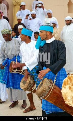 Omani musicians providing music for a tribal dance during the Muscat ...