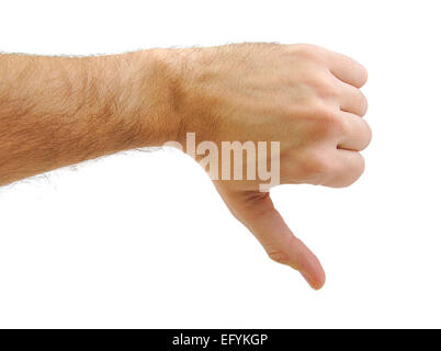 Caucasian hand with a thumb down gesture isolated on white background. Rejection symbol Stock Photo