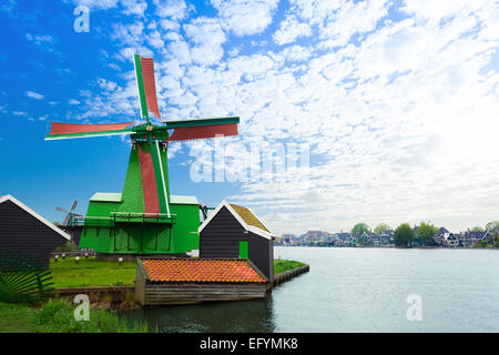 Authentic Zaandam mills on the water channel Stock Photo