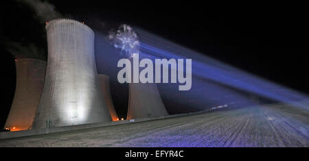 ***FILE PHOTO*** Test of the evening lighting more than 100 meter-tall cooling towers of Dukovany nuclear power plant, Czech Republic October 6, 2009. A fission reaction in the first unit at nuclear power plant Dukovany, which covers about one fifth of electricity consumed in the Czech Republic, was launched 30 years ago on February 12, 1985. During 1986, two new units were put into operation and in July 1987, the last fourth unit went online. Dukovany´s launch was important for the Czechoslovak energy sector. In 2035, Dukovany may have a fifth unit. (CTK Photo/Lubos Pavlicek) Stock Photo