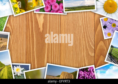 Stack of printed pictures collage on wooden table with copy space for your text or photo Stock Photo