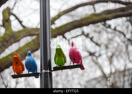 Soho Square, London, UK. 12th February 2015. Art installation curated by the Sim Smith Gallery, called 'Flock' by artist Patrick Murphy in London's Soho. Credit:  Matthew Chattle/Alamy Live News Stock Photo