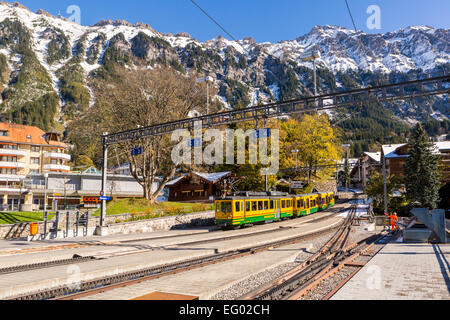 Wengen train station, Bernese Oberland, Swiss Alps, Switzerland, Europe Stock Photo