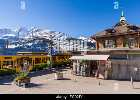 Wengen train station, Bernese Oberland, Swiss Alps, Switzerland, Europe Stock Photo