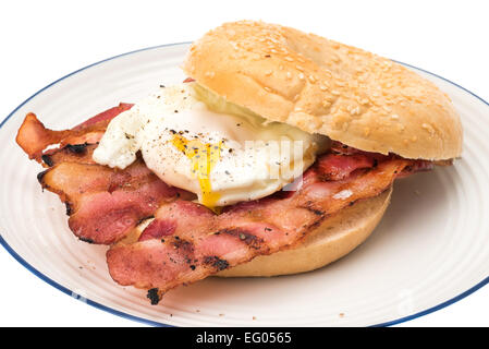 Bacon and fried egg bagel breakfast - white background Stock Photo