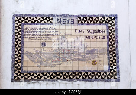 Wall Mounted Tiled Street Map of the Alfama District of Lisbon in Portugal Stock Photo