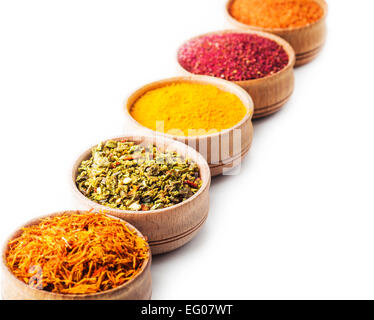 set spice saffron,paprika,sumac,turmeric,green pepper on white background Stock Photo
