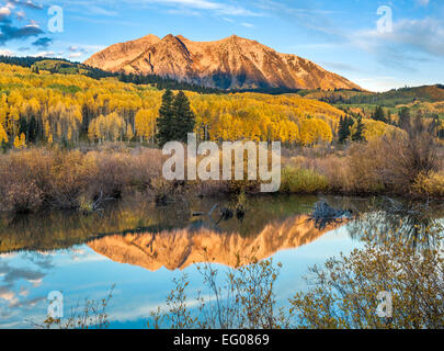 Gunnison National Forest, West Elk Mountains, CO: Sunrise light on East Beckwith Mountain, from a beaver pond near Kebler Pass