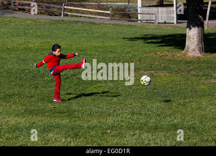 young Hispanic boy learning to play soccer by kicking soccer ball while playing soccer in Pioneer Park in the city of Novato California Stock Photo