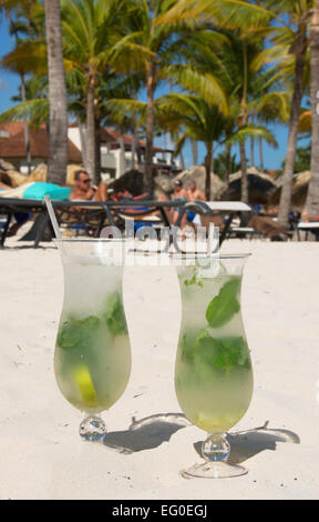 DOMINICAN REPUBLIC. Mojito cocktails in the sand on Punta Cana beach. 2015. Stock Photo