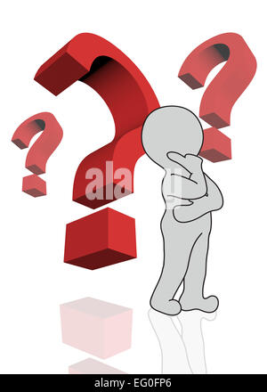 3d man with red question marks over white background made in 3d software Stock Photo