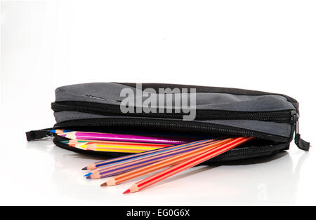 Colored pencils in a pencil case on white background Stock Photo
