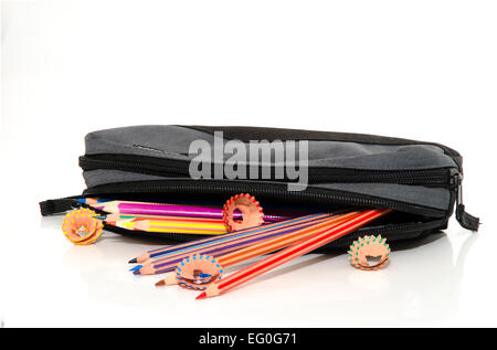 Different colored pencils in a pencil case isolated on white Stock Photo