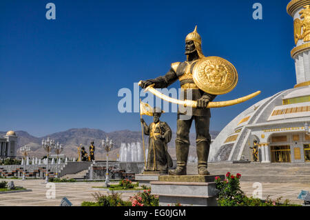 Statues around monument of independence in Ashgabat, capital city of Turkmenistan Stock Photo