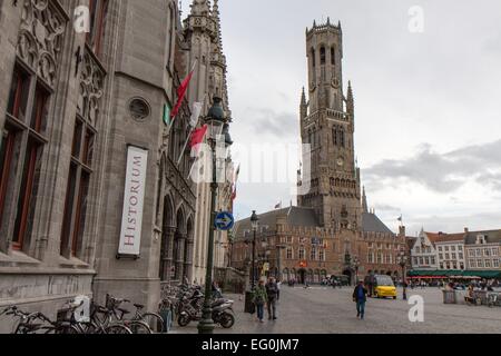 Belgium: The Belfry tower on the market place of Bruges. Photo from 29 August 2015. Stock Photo