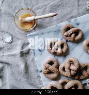 Homemade salted pretzels with egg wash Stock Photo