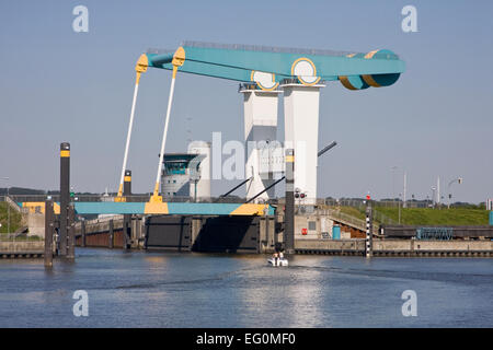 Bascule bridge in Estesperrwerk at the Este, Cranz, Altes Land, Hamburg, Lower Saxony, Germany, Europe Stock Photo