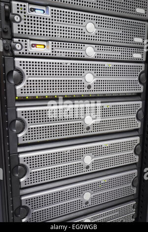 Servers and SAN. This enclosure is a SAN (storage area network). Shot in a data center. Hard drives. Stock Photo