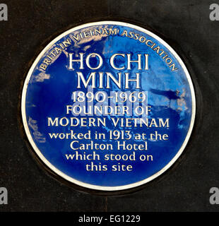 London, England, UK. Blue Plaque: Ho Chi Minh worked at the Carlton Hotel on this site. Haymarket Stock Photo