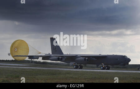 A B-52 Stratofortress bomber, 96th Bomb Squadron, lands on Andersen Air Force Base, Guam.  The B-52 is forward deployed from Elmendorf AFB, Alaska after an exercise, Northern Edge 2009, to practice mission planning and war-time procedures.  The B-52 bombers are here in support of the U.S. Pacific Command's Continuous Bomber Presence in the Asia-Pacific Region. U.S. Air Force photo Senior Airman Christopher Bush