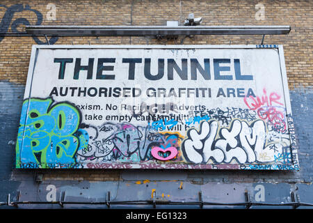 Sign outside the authorised graffiti are at The Tunnel, also called Banksy Tunnel, at Leake Street near Waterloo Station, LondonThe Stock Photo