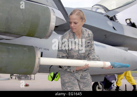 Airman 1st Class Kelly Sifers loads a practice rocket onto an F-16 Fighting Falcon during a training exercise Aug. 4, 2010, at Kallax Air Base, Sweden. The 555th Fighter Squadron and 31st Aircraft Maintenance Squadron conducted more than 180 air-to-air and air-to-ground missions during a two-week exercise here working alongside members of the Swedish air force's Norrbotten Wing. Airman Sifers is a 31st Aircraft Maintenance Squadron weapons load crew member. Tech. Sgt. Lindsey Maurice Stock Photo