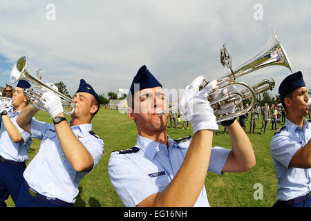 Air Force Academy Cadet Second Class Matthew Street right and USAF Cadet First Class Swift left, from the USAFA Cadet Drum and Bugle Corps, perform at Altus AFB Okla., during a USAFA versus Oklahoma University game pep rally Sept 17. The cadets were also celebrating the Air Forces 63rd birthday. Master Sgt. Brian M. Boisve Stock Photo