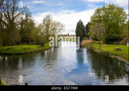 view of pakenham windmill across the Pakenham watermill pool Suffolk Stock Photo