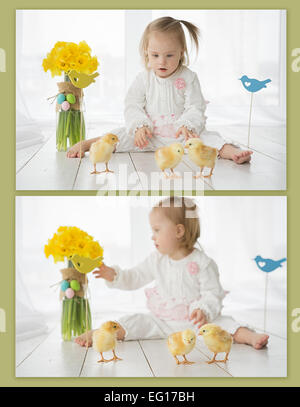 collage of photos of the girl with Down syndrome and chickens Stock Photo