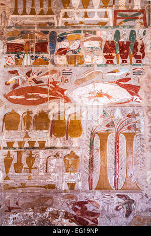 Colourful reliefs at Temple of Queen Hatshepsut in Deir el-Bahari on the West Bank of the Nile. Stock Photo