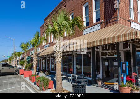 Cafe and shops on Market Street in historic downtown Apalachicola, Franklin County, Florida, USA Stock Photo