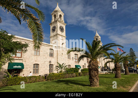 The clocktower building and anchor monument at the Royal Naval Dockyard, Bermuda. Stock Photo