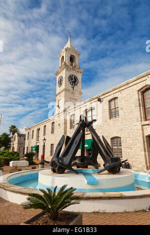 The clocktower building and anchor monument at the Royal Naval Dockyard, Bermuda. Stock Photo