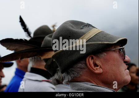 Veteran members of the Alpine Infantry gather together before the Italian Commemoration Ceremony for the B-17 of the Aguille des Glaciers, September 3, Courmayeur, Italy.  Members of the Alpine Infantry were the first to find the B-17 wreckage in 1947.  Lt. Col. Rebecca Sonkiss, commander, 15 Airlift Squadron and 12 others from Joint Base Charleston participated in two commemoration ceremonies for the crew of B-17 #43-39388 in Courmayeur, Italy and Bourg Saint Maurice on September 3rd and 4th.   The B-17 crew was from the 15th Troop Carrier Squadron which is now the 15th AS.  Dignitaries and f Stock Photo