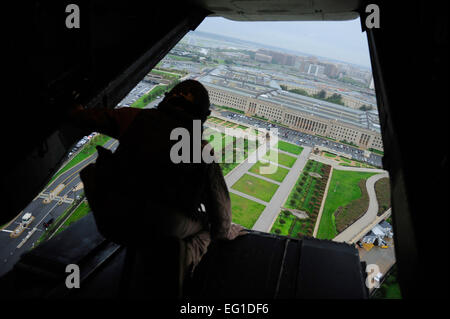 The Pentagon is visible from a V-22 Osprey tiltrotor aircraft carrying Secretary of Defense Leon Panetta on Sept. 6, 2011, moments after the aircraft took off from the building in Arlington, Va. Panetta was traveling to New York City to visit the Sept. 11 memorial site with Mayor Michael Bloomberg.  Tech. Sgt. Jacob N. Bailey Stock Photo