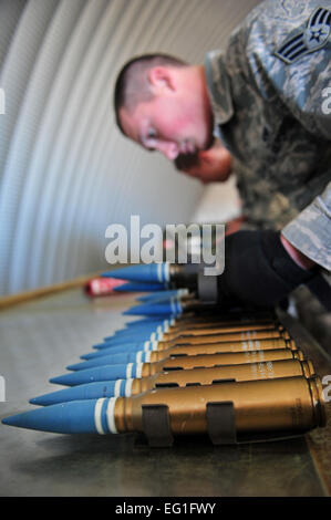 A maintainer with the 27th Special Operations Maintenance Squadron inspects 30 millimeter ammo rounds Dec. 18, 2014 at Cannon Air Force Base, N.M. Munition systems specialists receive, identify, inspect and store guided and unguided nonnuclear munitions.  Senior Airman Eboni Reece  For more great Air Force photos, visit our Facebook page: www.facebook.com/usairforce  https://www.facebook.com/USairforce  . Stock Photo