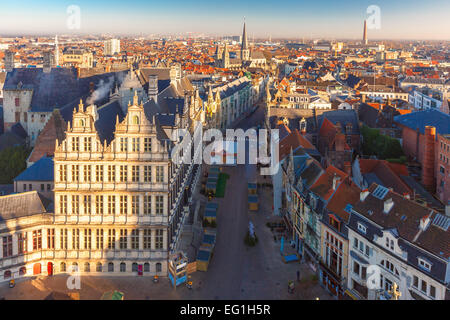 Aerial view of Ghent from Belfry - City Hall and beautiful medieval buildings of the Old Town, Belgium. Stock Photo