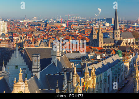 Aerial view of Ghent from Belfry - beautiful medieval buildings of the Old Town, Belgium. Stock Photo