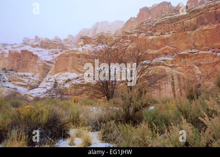 Capitol Reef National Park in Utah in Winter with snow. Stock Photo