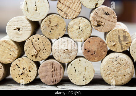 Close up of a wall of used cork wine with different variation of wine color Stock Photo