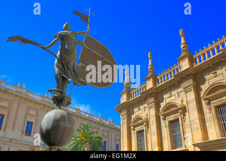 Statue of Faith, Plaza Virgen de los Reyes, Cathedral of Saint Mary of the See, Seville, Andalusia, Spain Stock Photo
