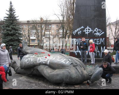 thrown big bronze monument to Lenin the leader of world proletariat in Chernihiv Stock Photo