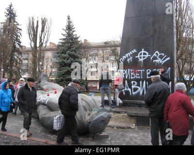 thrown big bronze monument to Lenin the leader of world proletariat in Chernihiv Stock Photo