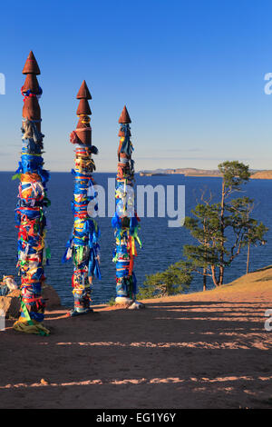 Totem poles, Olkhon island, landscape near Khuzhir, Baikal lake, Russia Stock Photo