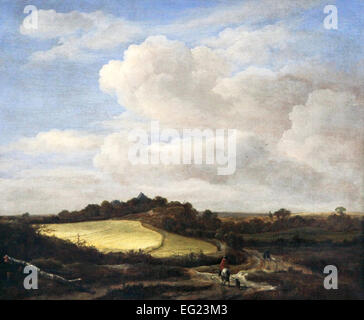 Hilly Wheat Field (Champ de blé).circa 1660. by Jacob van Ruisdael, featuring a golden grain field under an expansive dramatic cloudy sky. Stock Photo