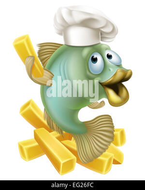 An illustration of a cartoon chef fish character holding a French fry or chip, fish and chips concept. Stock Photo