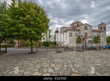 Central square with church in small village Kastraki near Meteora rocks. Greece Stock Photo